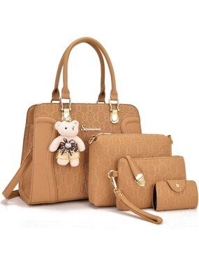 Women's Alpaca 4Pc Handbag Set Tote Shoulder Satchel Purse with Bear Charm